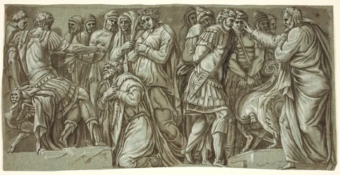 De familie van Darius voor Alexander en een scène met gevangenen; van de gevel van het Palazzo Milesi