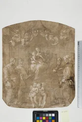 Madonna en Kind met St. Petrus, Bernard (of Bruno), Jacobus, Augustinus en vier engelen, Madonna del Baldacchino