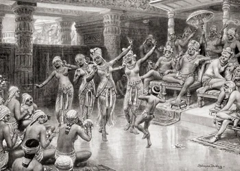 Een 19e-eeuwse kunstenaarsimpressie van Gautamiputra Satakarani die zijn overwinning op Nahapana viert, uit Hutchinsons Geschiedenis van de Naties, pub.1915
