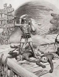 Alexander de Grote vecht tegen de Assacani bij de versterkte stad Massaga, India tijdens zijn Indiase Campagne in 326 v.Chr., uit Hutchinsons Geschiedenis van de Naties, pub.1915
