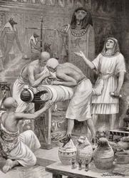 Het balsemen van een lichaam in het oude Egypte, uit Hutchinsons Geschiedenis van de Naties, pub.1915
