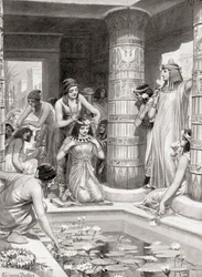 Gasten die aankomen voor het diner in het oude Egypte kregen water om hun voeten en handen te wassen, werden gezalfd met geurende olie en gekroond met bloemenkransen, uit Hutchinsons Geschiedenis van de Naties, pub