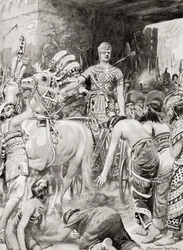Psamtik I van Egypte betreedt de stad Azotus of Ashdod, uit Hutchinsons Geschiedenis van de Naties, pub.1915