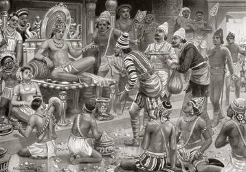 Pulakeshin II, de Chalukaya, ontvangt gezanten uit Perzië in Badami, uit Hutchinsons Geschiedenis van de Naties, pub.1915