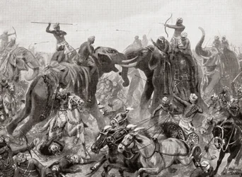 De nederlaag van Pulakeshin Chalukhya door Narasimhavarman I bij Badami in 642 AD, uit Hutchinsons Geschiedenis van de Naties, pub.1915