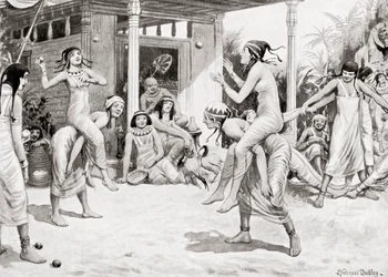 Jonge meisjes spelen bal in de vorm van een dans in het oude Egypte, uit Hutchinsons Geschiedenis van de Naties, pub.1915