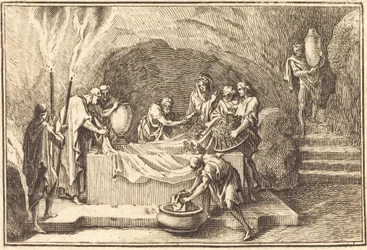Het lichaam van Christus bedekt met bloemen en parfum