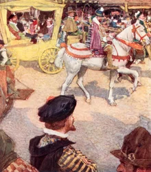 Shakespeare bewondert de mooie paarden in Cheapside, Londen