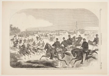 De cavalerie en artillerie van de Unie beginnen de achtervolging van de rebellen op de Yorktown Turnpike