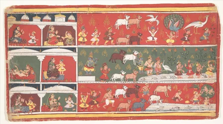 Bakasura, de kraanvogeldemon, arriveert in Brindavan: Pagina uit een verspreide Bhagavata Purana (Oude verhalen van Heer Vishnu)