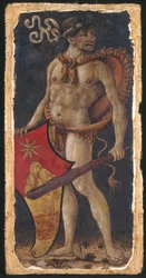 Nederlands: Wildeman met wapen van de familie Chigi Wildeman die een schild ondersteunt, naar rechts kijkend