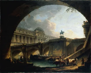 French: Caprice architectural : un palais inspiré du Louvre et le Pont-Neuf s