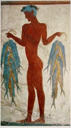 Fresco van een visser met Coryphaena hippurus