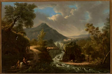 Italiaans landschap met een rivier en staffage