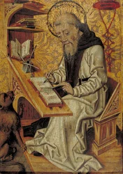 De heilige Hiëronymus schrijvend in zijn studiecel