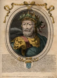 Portret van Merovee of Merovech, Frankische koning (v448-v458), eerste koning van de Merovingische dynastie - gravure uit 