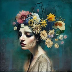 Mooi meisje met bloemen, Abstract schilderij