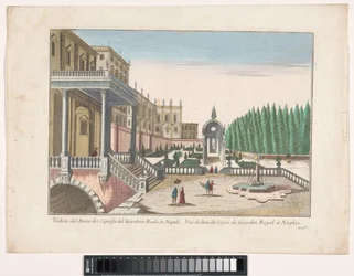 Gezicht op een tuin en een koninklijk paleis te Napels