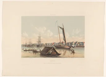 Waterkant en rede te Paramaribo (Suriname. Gezigt op de Waterkant en reede van Paramaribo)