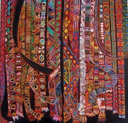 Rugband weven, 2014 (gemengd, acryl, inkt, olie)
