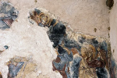 Engel en heilige, detail van fresco in kerk van Agios Georgios Apodoulou, Apodoulou, Kreta, Griekenland (foto)