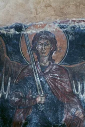 Engel met zwaard, fresco in Byzantijnse kerk van St. George, Komitades, Kreta, Griekenland (foto)