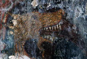 Vogel, detail van straf van verdoemden in kerk van Agia Paraskevi, Voutas, Kreta, Griekenland (foto)