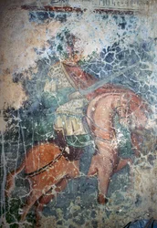 Man te paard met zwaard, fresco in Byzantijnse kerk van Agios Athanasios, Kefali, Kreta, Griekenland