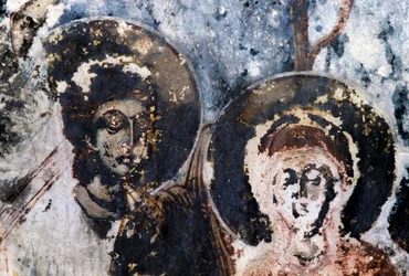 Heiligen, beschadigde fresco in kerk van Agios Vasileios, Vavouledo, Kreta, Griekenland