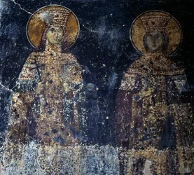 Heiligen, fresco in Byzantijnse kerk van Sotiras Christos, Veria, Centraal Macedonië, Griekenland
