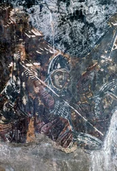 Soldaat, beschadigde fresco op plafond van kerk van Agios Vasileios, Vavouledo, Kreta, Griekenland