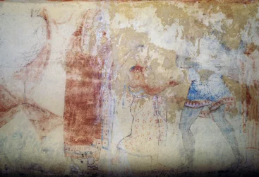 Vrouw en jongeling, fresco, Graf van Blauwe Demonen, Necropolis van Tarquinia (UNESCO Werelderfgoedlijst, 2004), Lazio, Italië, Etruskische beschaving, 5e eeuw v.Chr.