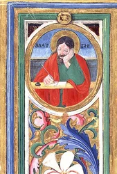 Ms 542 f.3v St. Matteüs schrijft het eerste evangelie uit een psalter geschreven door Don Appiano van de Kerk van de Badia Fiorentina, Florence