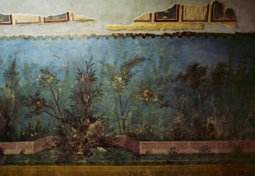 Fresco met een tuin met bomen en vogels, uit het Huis van Livia op de Palatijn, Rome, Italië. Romeinse beschaving