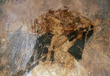 Man te paard, fresco in de kerk van Agios Georgios, Komitades, Kreta, Griekenland