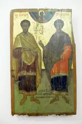 Heiligen, schilderij op hout in het Arkadi klooster, Kreta, Griekenland