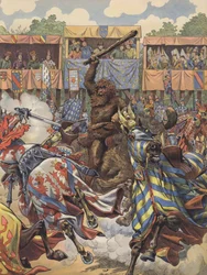 Een harige reus onderbrak plotseling het toernooi (kleur litho)