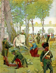 Abruties van Napoleon I Bonaparte (1769-1821) op het eiland Lobau voor de Slag bij Wagram op 5 en 6 juli