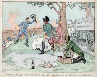 Slag bij Aspern Essling - Napoleon ontvangt nieuws over de dood van maarschalk Lannes 1809 - lithografie door Job (Jacques Onfroy de Breville) uit Le Grand Napoleon des Petites