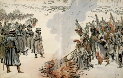 Campagne van Rusland (1812): Tijdens de Russische terugtocht beval Napoleon I Bonaparte (1769-1821) om vlaggen en adelaars te verbranden om te voorkomen dat de vijand ze zou overnemen. In 