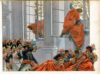 Consulaat: Joachim Murat betreedt de Kamer van de Raad van Vijfhonderd met 50 mannen om de senatoren te verdrijven tijdens de staatsgreep van 18 Brumaire (9 november 1799) die een einde maakte aan het Directoire en het Consulaat inluidde