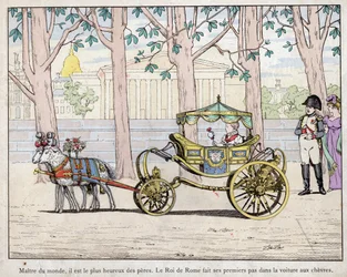 Keizer Napoleon I Bonaparte met zijn zoon Prins Napoleon Francois Charles Joseph Bonaparte, die koning van Rome Napoleon II werd genoemd - Napoleon kijkt toe hoe de koning van Italië (Napoleon II) zijn eerste stappen zet in een tuin