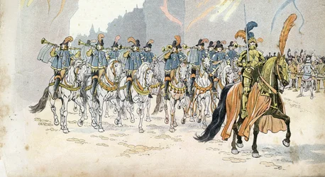 Intocht van koning Karel VI (1368-1422) in Parijs begeleid door dertig trompetten. in 