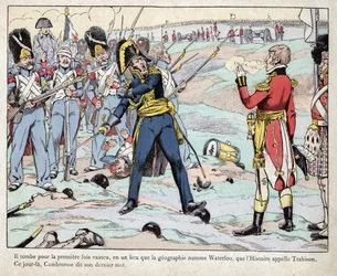 Eerste Keizerrijk: voorstelling van generaal Pierre Cambronne (1770-1842) die tijdens de Slag bij Waterloo verklaart: „De Garde sterft maar geeft zich niet over“