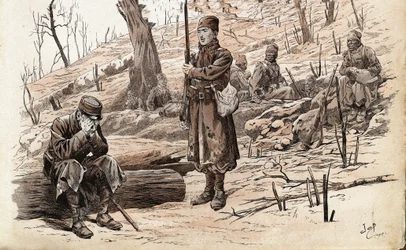 Eerste Wereldoorlog 1914-1918: Infanteriesoldaat en Senegalese Tirailleurs van het Franse leger. Illustratie van Job (Jacques Marie Gaston Onfray en Breville) (Jacques-Marie) (1858-1931) voor het boek "Les grands mots historiques du pays de France" 1915. P
