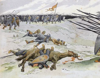 Frans-Engelse Oorlog (1202-1214): soldaten die stierven in de Slag bij Bouvines op 27/07/1214 die het Franse leger van Philippe Auguste tegenover de Vlaamse en Welfen van Othon IV stelde. in "Frankrijk, zijn verhaal verteld door G. Montorgueil, geïllustree