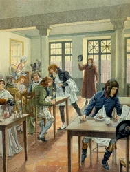 Franse Revolutie van 1789: Napoleon I Bonaparte jong bij de gargotier Justat, van de rue des petits peres in Parijs, gereduceerd tot een enkel gerecht dat hij betaalde voor 6 onder de portie. Illustratie door Jacques Marie Gaston Onfray de Breville