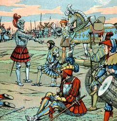 Franse koning François I wordt tot ridder geslagen door Bayard net na de slag bij Marignan op 14 september