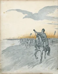 Gallische Oorlog: Gaius Julius Caesar (toen Jules César) (100-44 v.Chr.) en zijn leger vallen Gallië binnen. De schaduw van een arend, symbool van het Romeinse Rijk, verschijnt aan de hemel. In “Frankrijk, zijn geschiedenis verteld door G. Montorgueil