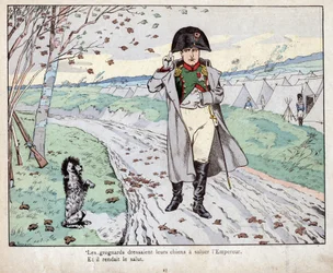 Grenadiers (de Oude Garde van Napoleon Bonaparte) trainden hun honden om de keizer te groeten - lithografie van Job (Jacques Onfroy de Bréville) uit „Le Grand Napoléon des Petites Enfants“, 1893